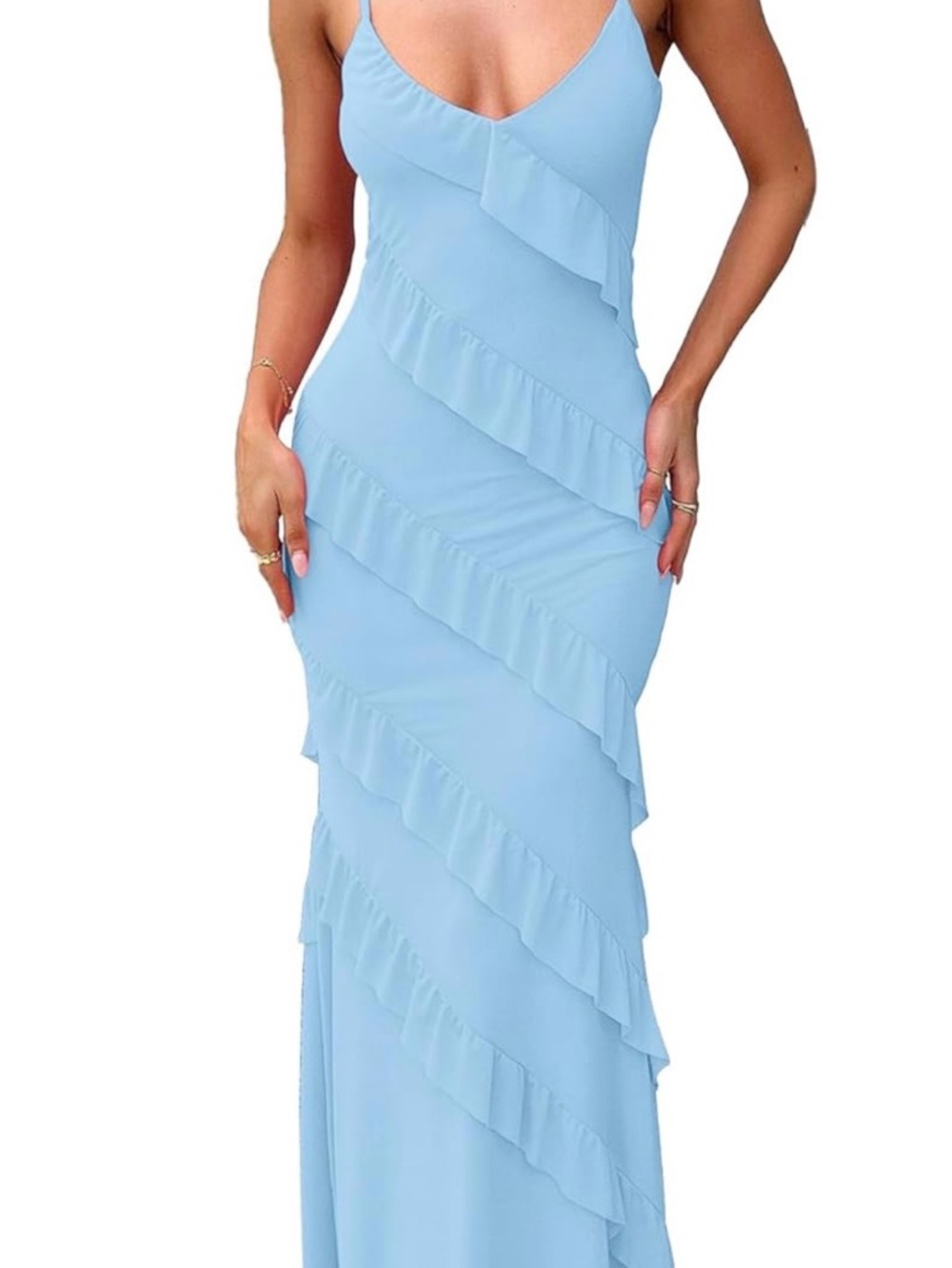 Light Blue Ruffled Spaghetti-Strap Evening Dress